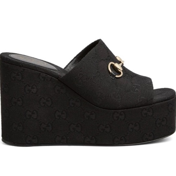 Gucci Shoes - Gucci Black Wedge Sandals with Horsebit  Size 39.5